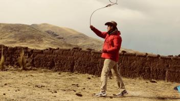 Caleb take some time to practice the honda, or Andean sling.