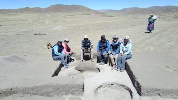 Javier, Bill, Randy, Mateo, Jenny, and Bryna in area 7 of the Wilamaya Patjxa excavations, revealing Archaic Period cultural pit features.
