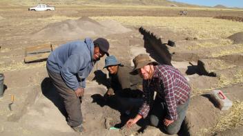 Nestor, Gervacia, and Lee excavating an Archaic Period feature at Soro Mik'aya Patjxa.