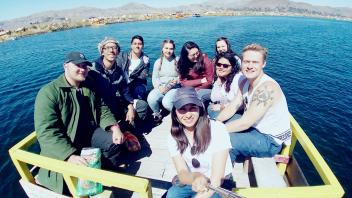 Some of the students on a boat at the Uros.