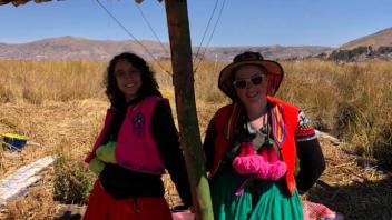 zzy and Rachel modeling traditional clothes in the Uros islands.