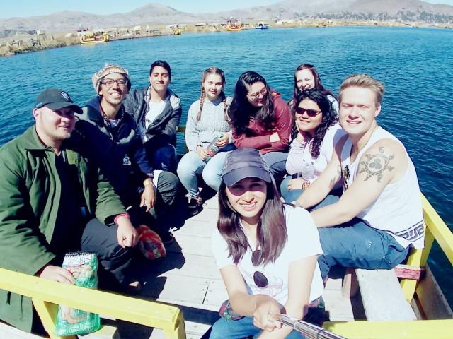 Some of the students on a boat at the Uros.