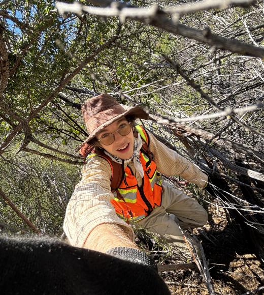 Selfie of smiling person in brown hat and orange safety vest among dense brush